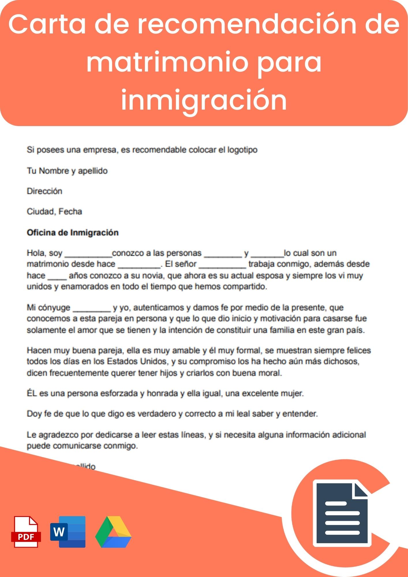 Carta de recomendación de matrimonio para inmigración