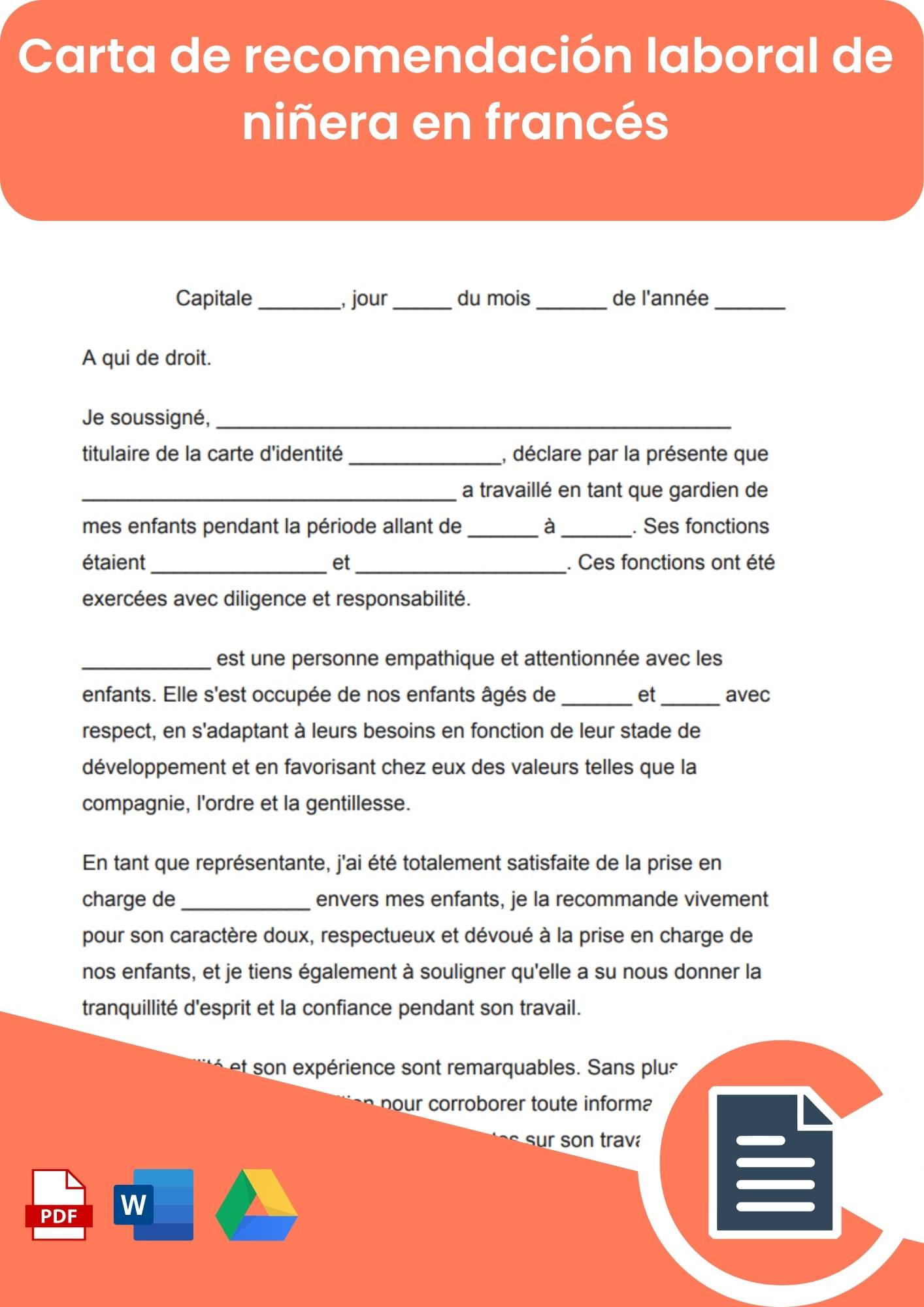 Carta de recomendación laboral para cuidadora de niños en francés