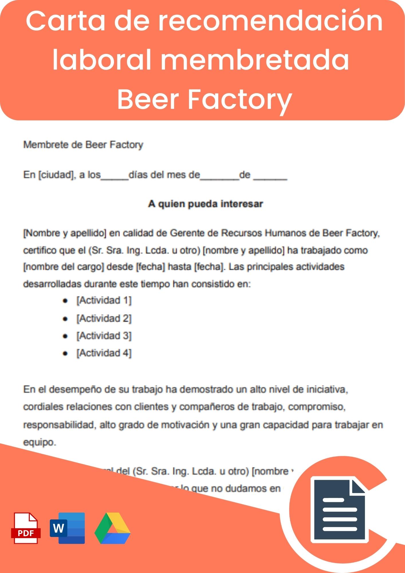Carta de recomendación laboral membretada Beer Factory