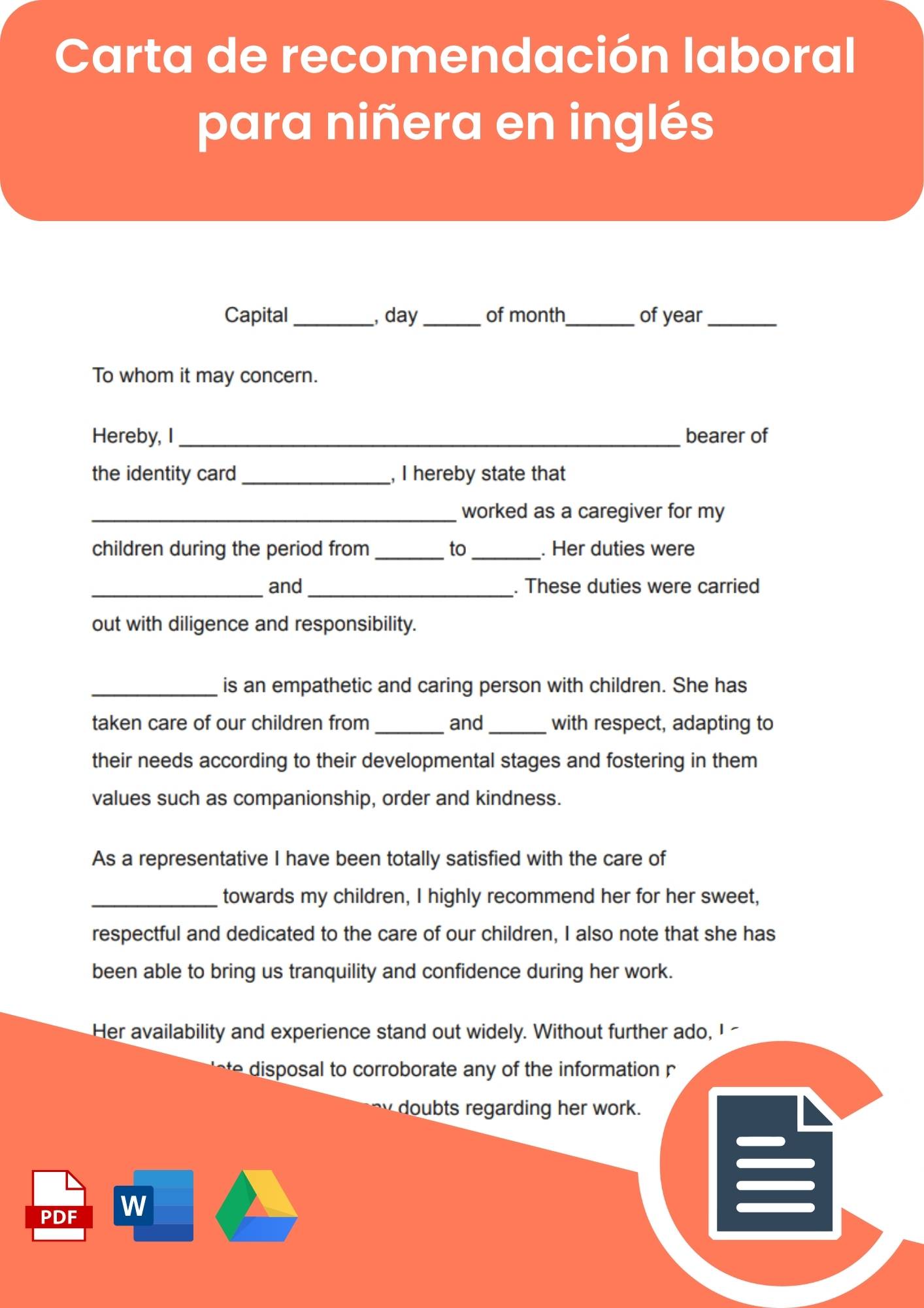 Carta de recomendación laboral para niñera en inglés