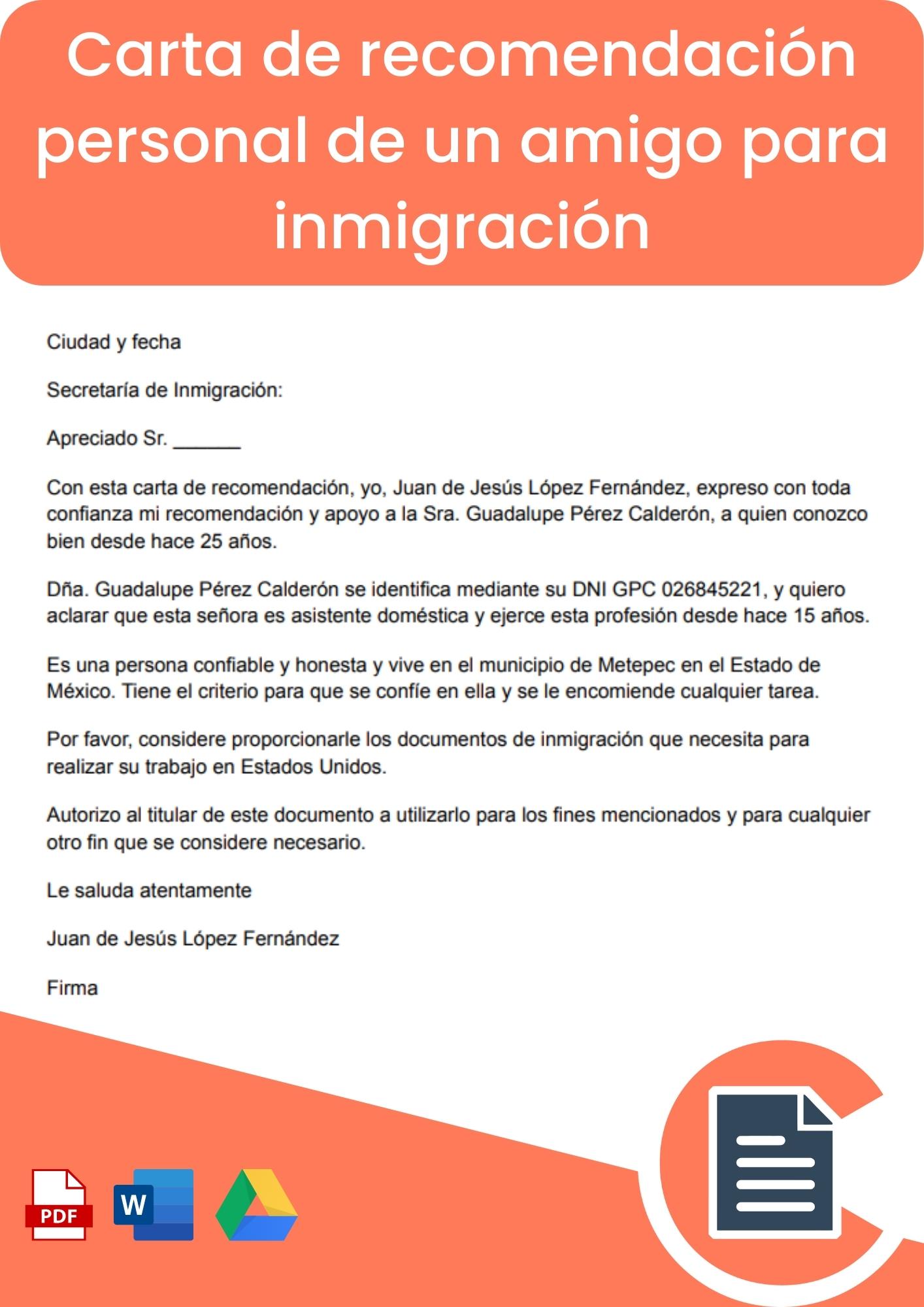 Carta de recomendación personal de un amigo para inmigración