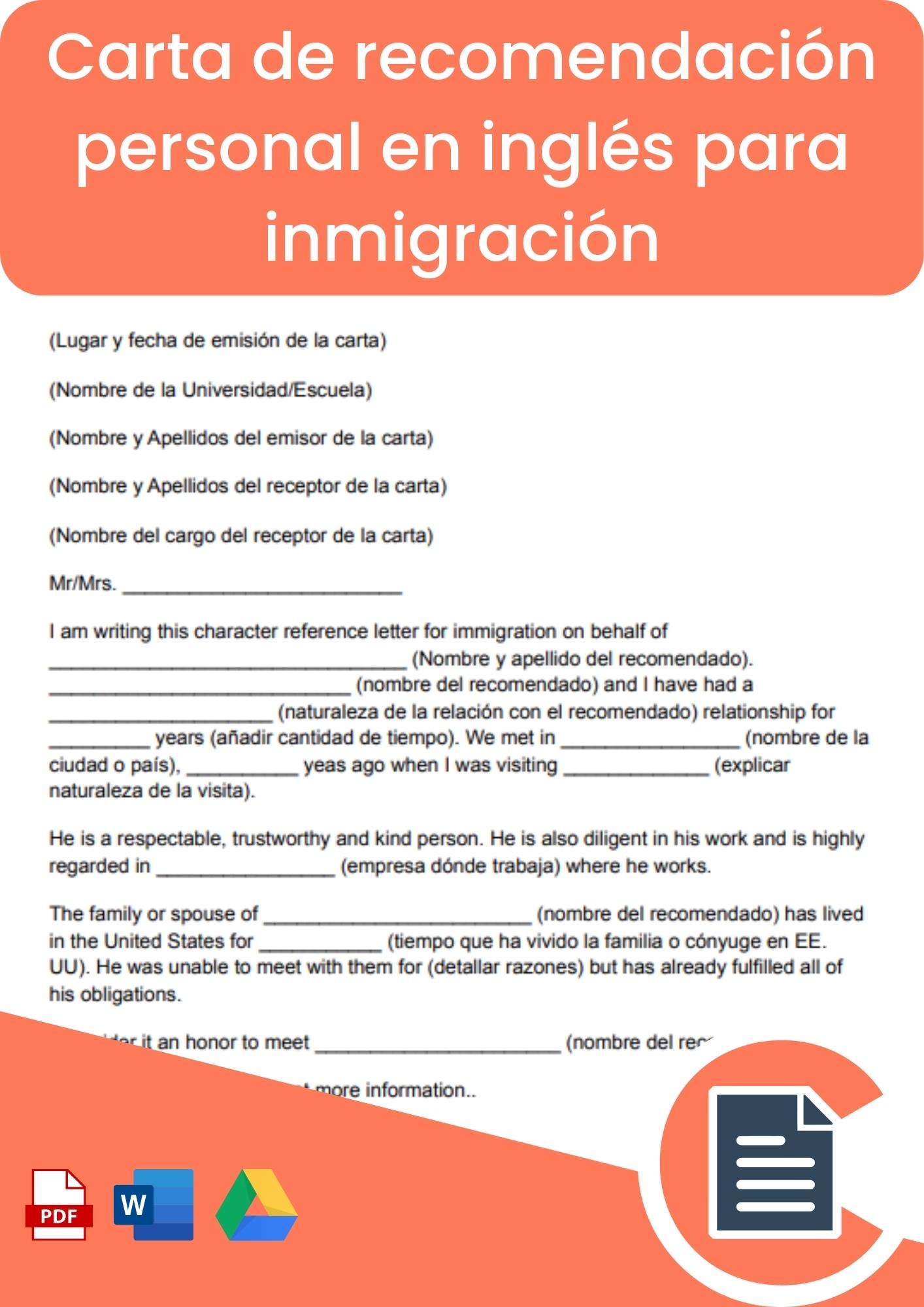 Carta de recomendación personal en inglés para inmigración